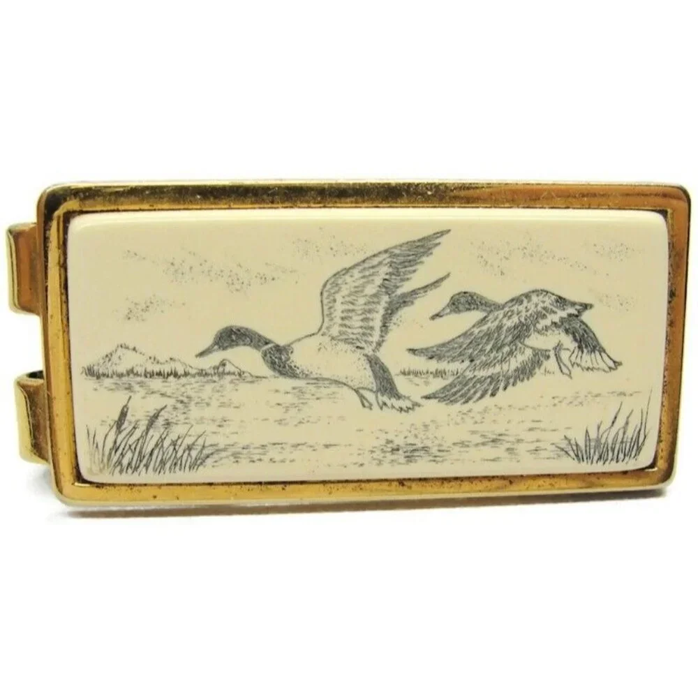 Anson Duck Geese Money Clip Gold Tone Porcelain Wallet Credit Card Cash Holder
